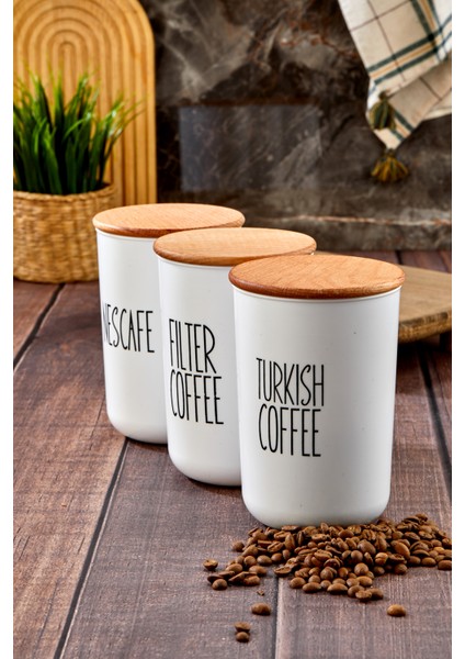 3'lü Ahşap Vakum Kapaklı Transfer Etiketli Turkıshcoffe/filtercoffe/nescafe Akrilik Kavanoz 900ML