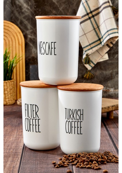 3'lü Ahşap Vakum Kapaklı Transfer Etiketli Turkıshcoffe/filtercoffe/nescafe Akrilik Kavanoz 900ML
