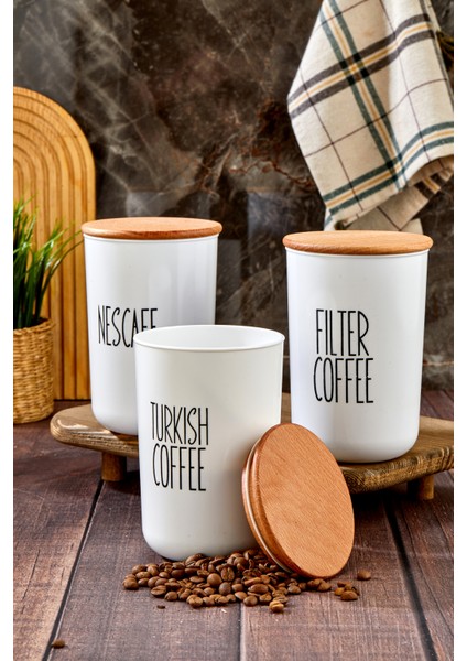 3'lü Ahşap Vakum Kapaklı Transfer Etiketli Turkıshcoffe/filtercoffe/nescafe Akrilik Kavanoz 900ML