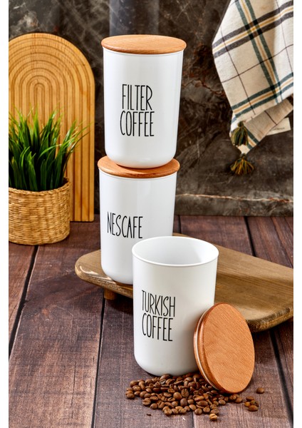 3'lü Ahşap Vakum Kapaklı Transfer Etiketli Turkıshcoffe/filtercoffe/nescafe Akrilik Kavanoz 900ML