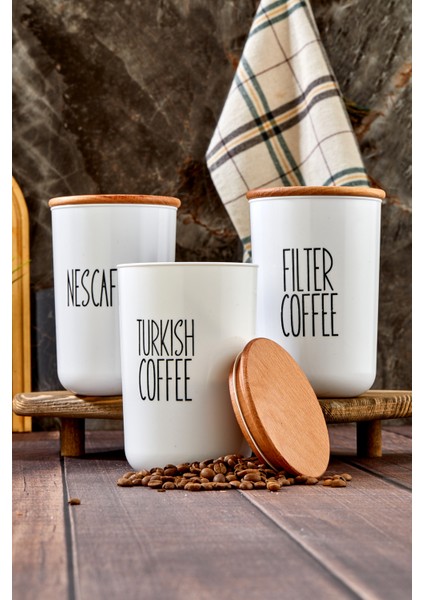 3'lü Ahşap Vakum Kapaklı Transfer Etiketli Turkıshcoffe/filtercoffe/nescafe Akrilik Kavanoz 900ML