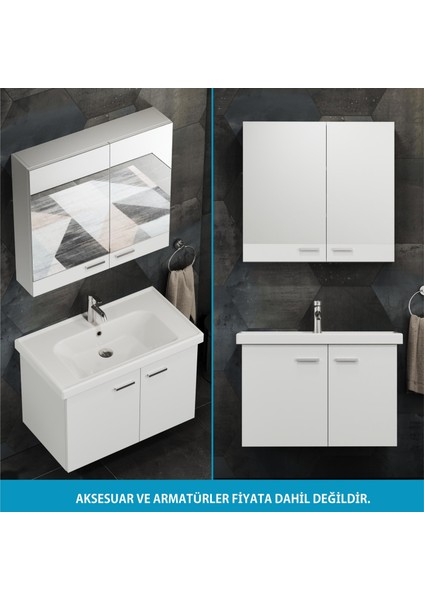 Basic Alt Dolap + Üst Dolap -Lavabo Dahil-Beyaz ,80 Cm. 3 Parça