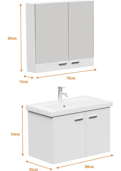 Basic Alt Dolap + Üst Dolap -Lavabo Dahil-Beyaz ,80 Cm. 3 Parça