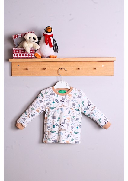 Dinazor Desen Erkek Bebek Eşofman Pijama Takımı Kahverengi
