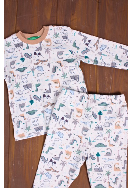 Dinazor Desen Erkek Bebek Eşofman Pijama Takımı Kahverengi