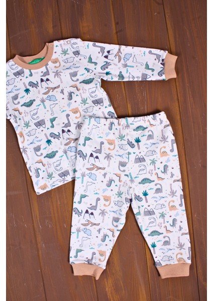 Dinazor Desen Erkek Bebek Eşofman Pijama Takımı Kahverengi