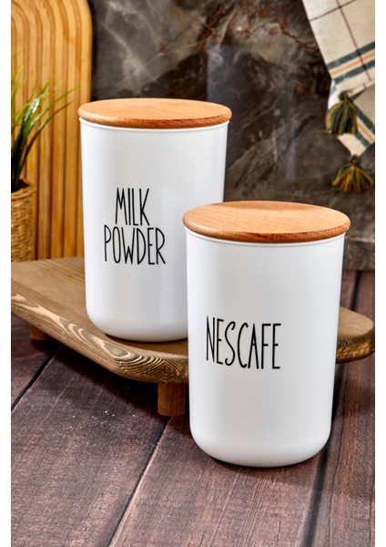 2'li Ahşap Vakum Kapaklı Transfer Etiketli Nescafe/milk Powder Akrilik Kavanoz 900ML