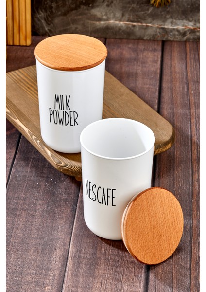 2'li Ahşap Vakum Kapaklı Transfer Etiketli Nescafe/milk Powder Akrilik Kavanoz 900ML
