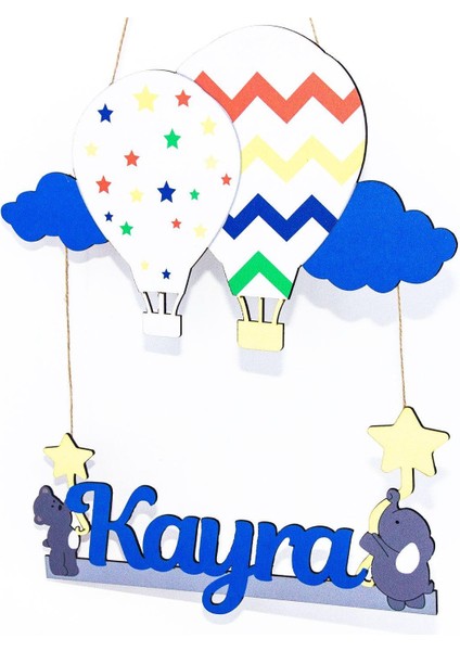 Mavi Bulutlu Kapadokya Balonu Temalı Kişiye Özel Kapı Süsü