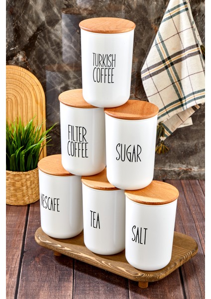6'lı Ahşap Vakum Kapaklı Transfer Etiketli Coffe/tea/sugar/salt Akrilik Kavanoz 900ML Saklama Kabı