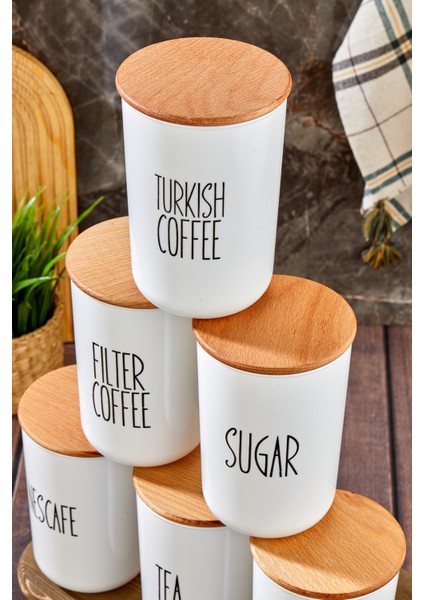 6'lı Ahşap Vakum Kapaklı Transfer Etiketli Coffe/tea/sugar/salt Akrilik Kavanoz 900ML Saklama Kabı