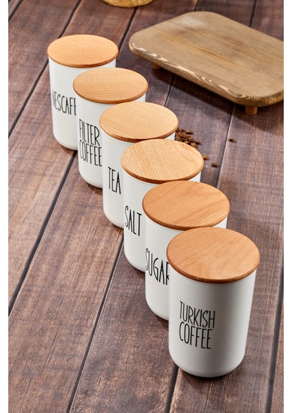 6'lı Ahşap Vakum Kapaklı Transfer Etiketli Coffe/tea/sugar/salt Akrilik Kavanoz 900ML Saklama Kabı
