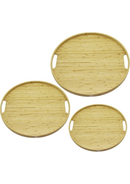 Yuvarlak - 3 Boy Bambu Ahşap Tepsi Seti 30–35--38 CM