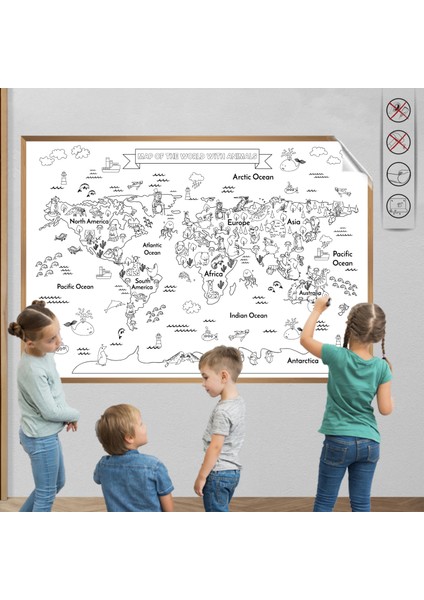 Statik Kağıt Hayvanlı Dünya Haritası Boyama 98 cm x 145 cm 11