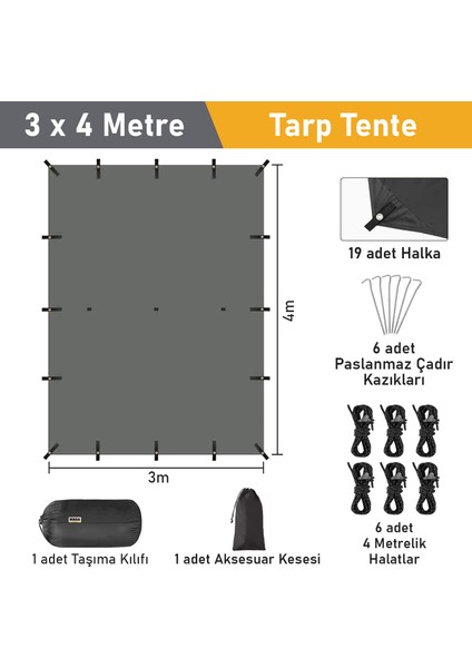 Tarp Tente Gölgelik Örtü Outdoor Kamp Branda Çadır Yağmurluk 300x400 Cm - Siyah fiyatları
