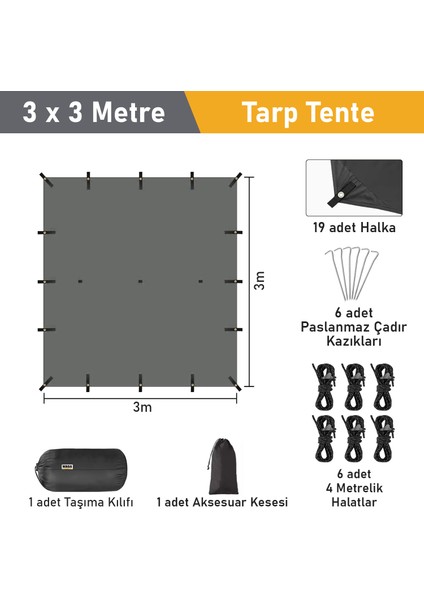 Tarp Gölgelik Tente, Hafif Taşınabilir Örtü Branda Outdoor Kamp Tente 300X300 cm - Siyah