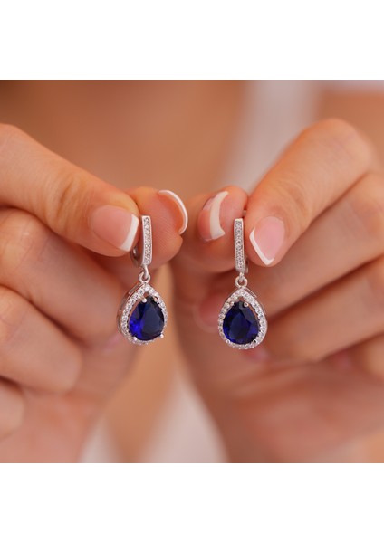 925 Ayar Radyum Kaplama Safir Taşlı Damla Gümüş Küpe