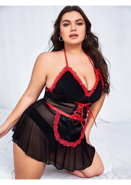 Hotflirt Nightlight 3478 Kırmızı Dantel Detaylı Büyük Beden Hizmetçi Kostümü - Siyah - 3xl-4xl