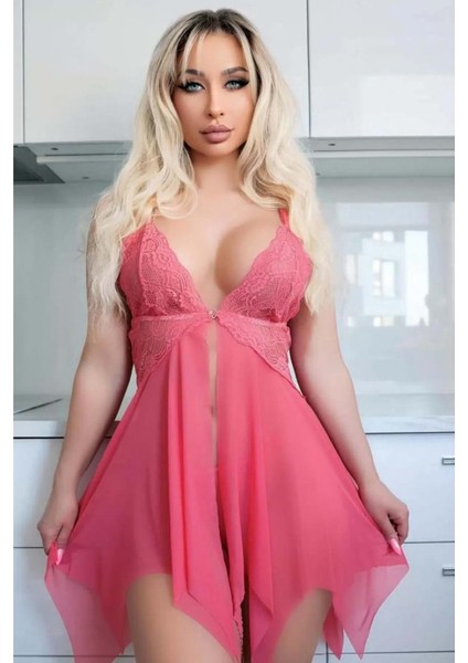 Hotflirt Nightlight 3638 Alt Kısmı Tül Üst Kısmı Dantel Derin Yırtmaçlı Pembe Gecelik - Pembe - L-Xl