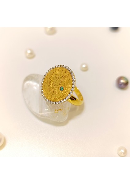 Tuğralı Taşlı Yüzük 14 Ayar Altın
