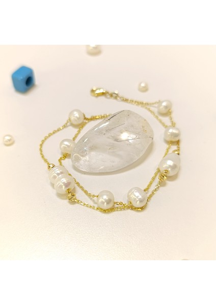 İnci Taşlı Bileklik Künye 14 Ayar Altın