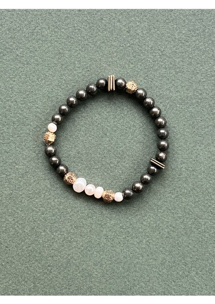 Greco Bracelet Doğal Hematit Taşı,lav Taşı ve Barok İncili Bileklik