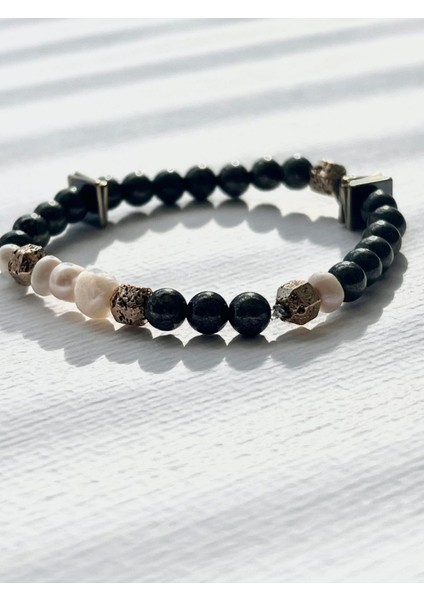 Greco Bracelet Doğal Hematit Taşı,lav Taşı ve Barok İncili Bileklik