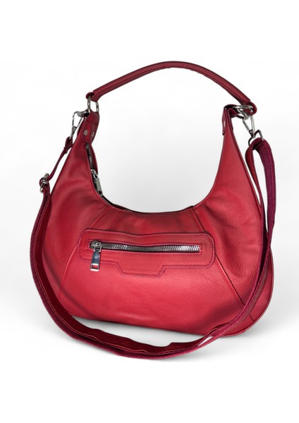 Hakiki Deri Şık Fonksiyonel Askılı ve Askısız Fermuarlı Kırmızı Omuz Çantası / Kol Çantası