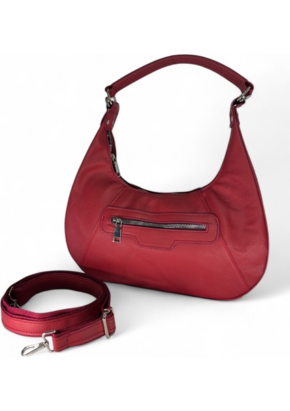 Hakiki Deri Şık Fonksiyonel Askılı ve Askısız Fermuarlı Kırmızı Omuz Çantası / Kol Çantası fiyatları