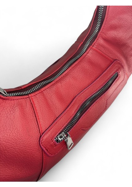 Hakiki Deri Şık Fonksiyonel Askılı ve Askısız Fermuarlı Kırmızı Omuz Çantası / Kol Çantası fırsatları