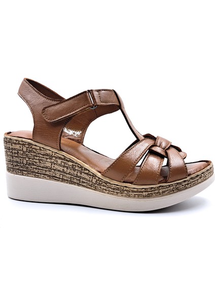 B251702 Cırtlı Konfor Dolgu Taban Kadın Taba Sandalet Ayakkabı