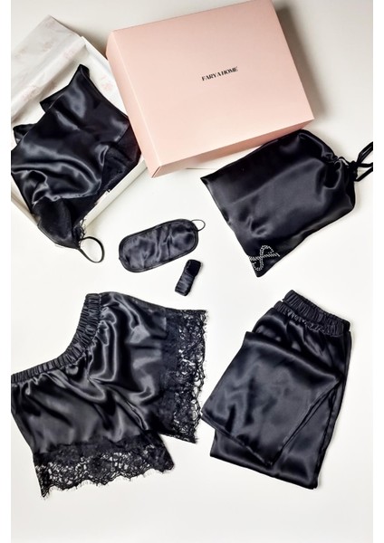 Faryanight 8 Parça Ipek Saten Gecelik Sabahlık Büstiyer Pijama Şort Çeyiz Seti