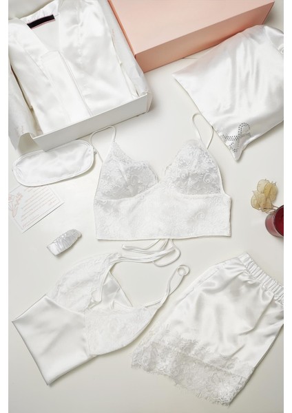 Faryanight 8 Parça Ipek Saten Gecelik Sabahlık Büstiyer Pijama Şort Çeyiz Seti