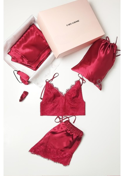 Faryanight 8 Parça Ipek Saten Gecelik Sabahlık Büstiyer Pijama Şort Çeyiz Seti