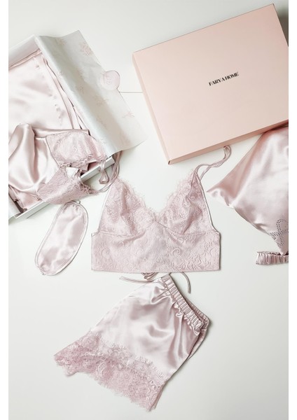 Faryanight 8 Parça Ipek Saten Gecelik Sabahlık Büstiyer Pijama Şort Çeyiz Seti