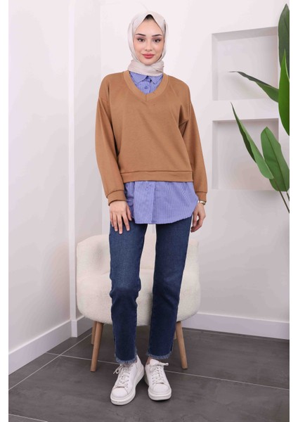 Taba Çizgili Garnili Modal Gömlek Kombinli Sweat