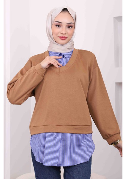 Taba Çizgili Garnili Modal Gömlek Kombinli Sweat