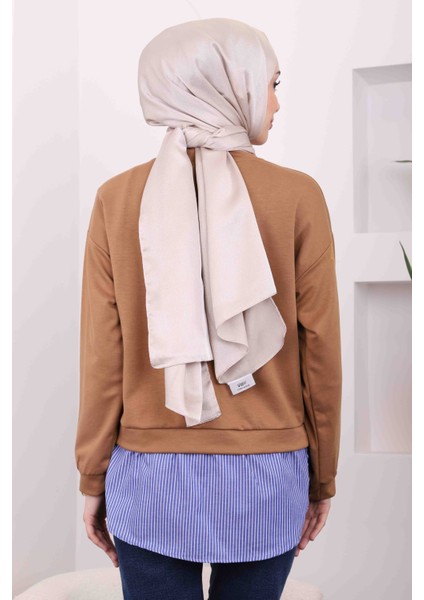 Taba Çizgili Garnili Modal Gömlek Kombinli Sweat