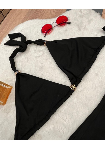 Özel Tasarım Boyundan Bağlamalı Üç Gold Metal Detaylı Şık Kadın Sexy Bikini Takımı fiyatları