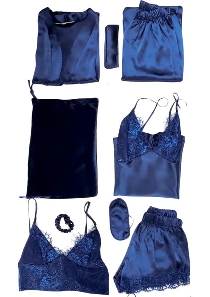 Faryanight 8 Parça Ipek Saten Gecelik Sabahlık Büstiyer Pijama Şort Çeyiz Seti