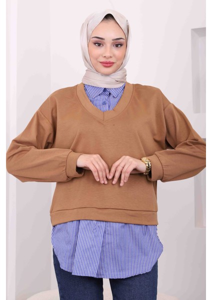 Taba Çizgili Garnili Modal Gömlek Kombinli Sweat