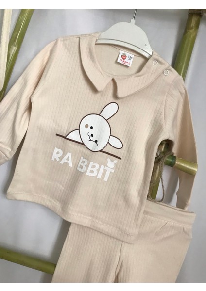 Tavşan Baskılı Pijama Takımı Bebek Ikili Alt-Üst Takım Modelleri Bebek Giyim Pamuklu Bebek Takımları Bej Renginde Bebek Takımları fırsatları