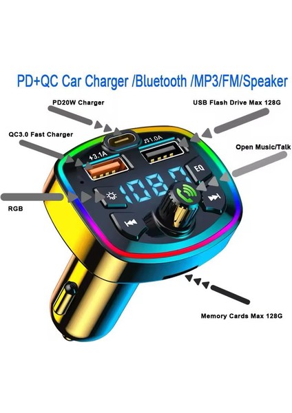 Araç Bluetooth 5.0 Fm Transmitter Cihazi Araba Müzik Mp3 Çalar Sd Kart Okur Oto Çakmaklik Sarj Aleti
