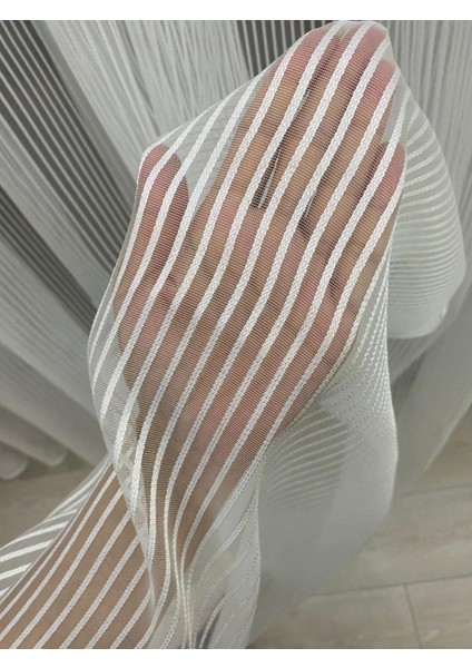 Petran Ekru Çizgili Modern Tül Perde 1/3 Sık Pileli