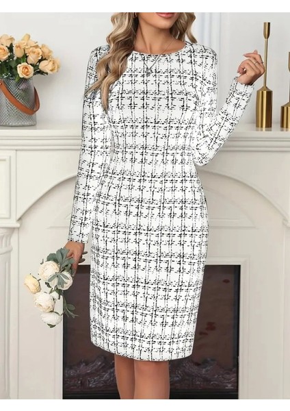 Kadın Uzun Kollu Bisiklet Yaka Desenli Dalgıç Kısa Elbise