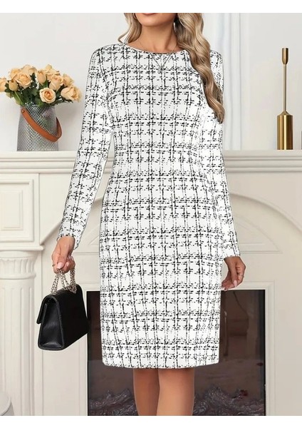 Kadın Uzun Kollu Bisiklet Yaka Desenli Dalgıç Kısa Elbise modelleri