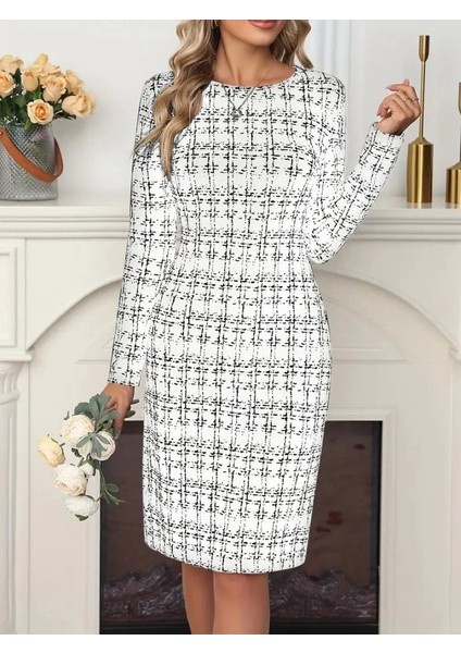 Kadın Uzun Kollu Bisiklet Yaka Desenli Dalgıç Kısa Elbise indirimleri