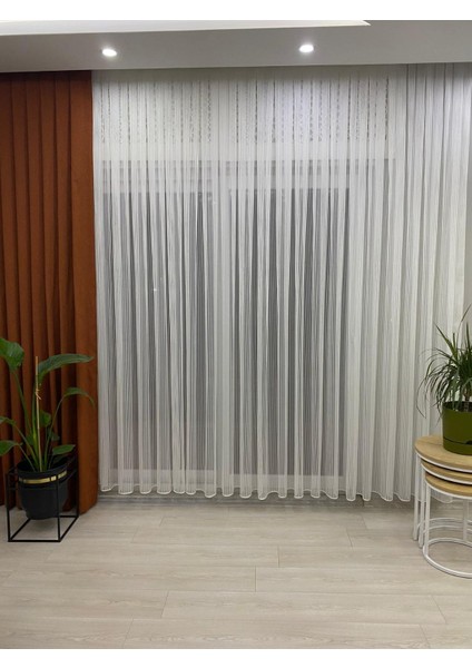 Petran Ekru Çizgili Modern Tül Perde 1/2,5 Normal Orta Pileli fırsatları