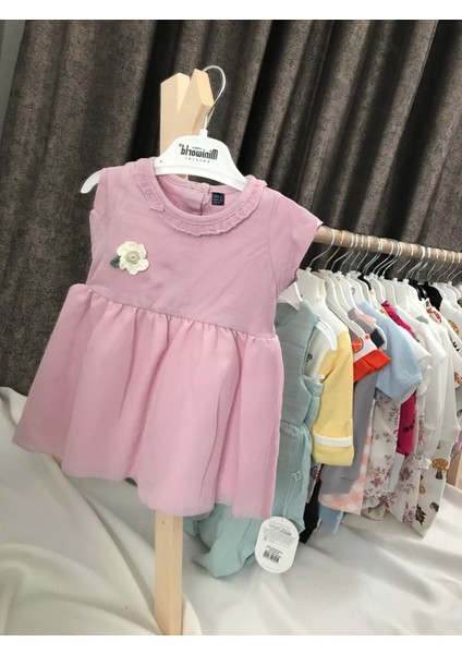 Çiçek Detaylı Lila Renginde Eteği Tüllü Kız Bebek ve Kız Çocuk Elbisesi %100 Pamuk Kız Bebek Elbise