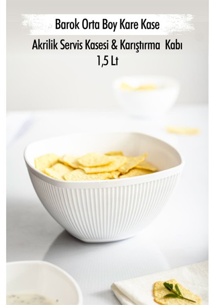Akrilik Barok Beyaz Orta Boy Kare Meyve & Salata Kasesi & Karıştırma Kabı / 1,5 Lt (Cam Değildir)